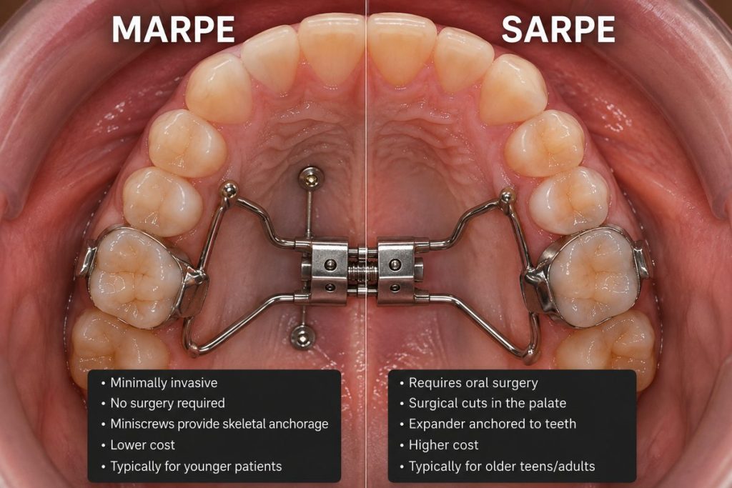 Split comparison of MARPE and SARPE palatal expanders on the upper dental arch, MARPE on the left with miniscrews and SARPE on the right